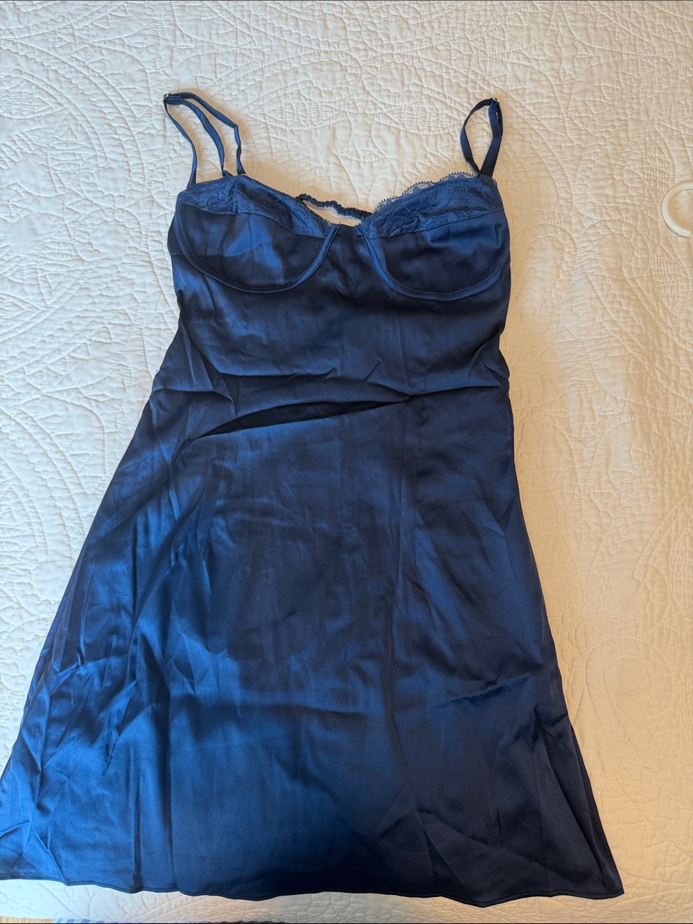 Beginning Boutique Navy Lace-Trim Satin Mini Slip Dress